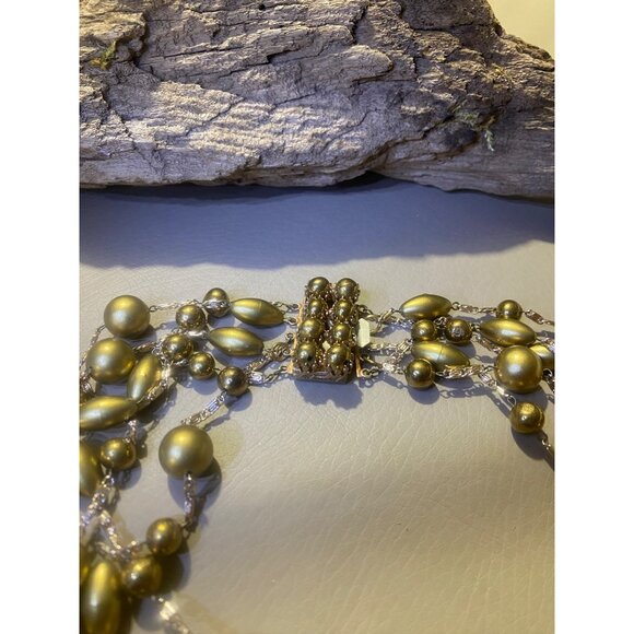 Vintage Classic Multi 4 Strand Gold Tone Beaded Necklace Box Ornate Clasp - Picture 4 of 12